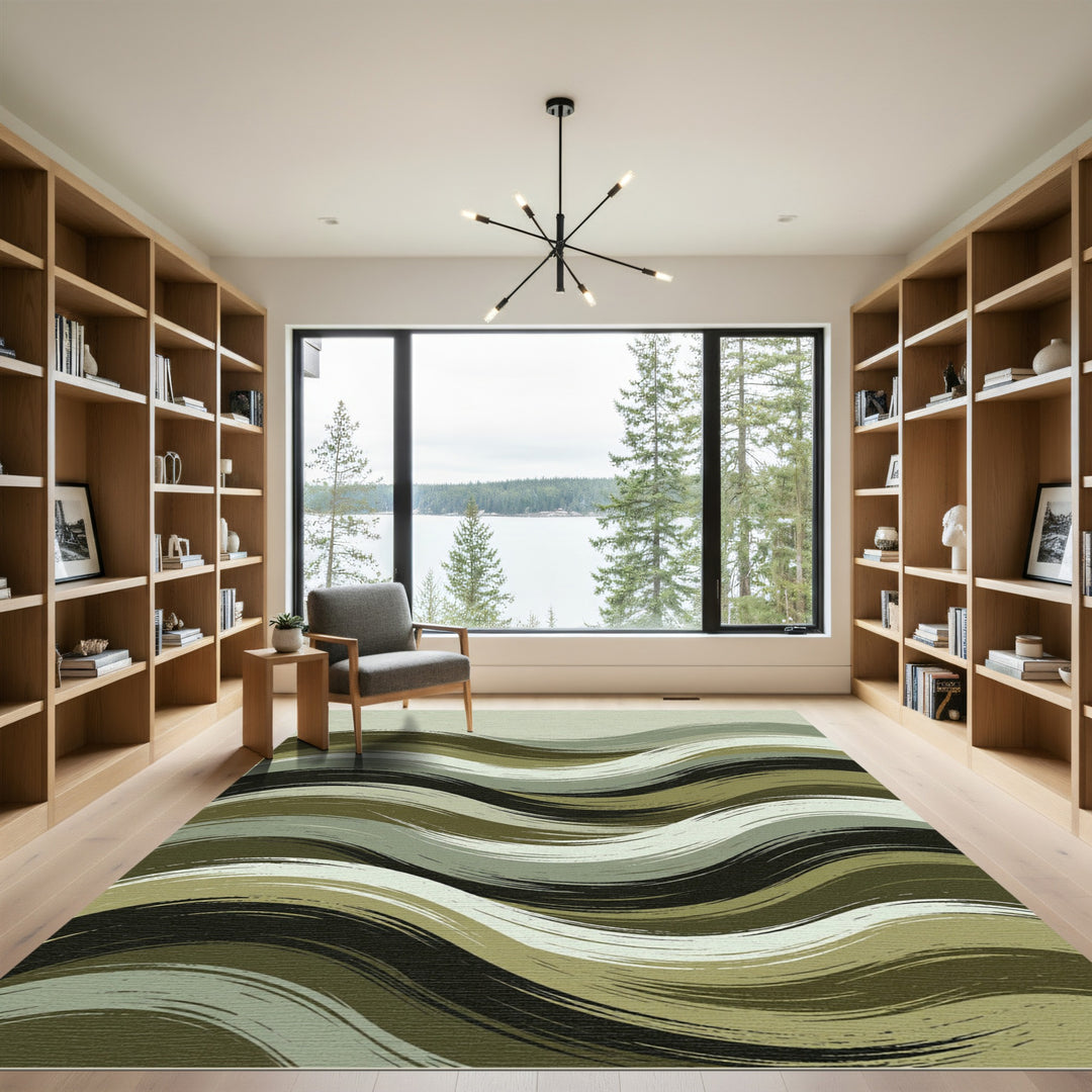 Abstract Olive Green Brushstroke Waves Rug