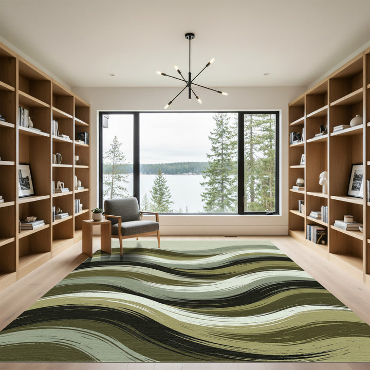 Abstract Olive Green Brushstroke Waves Rug