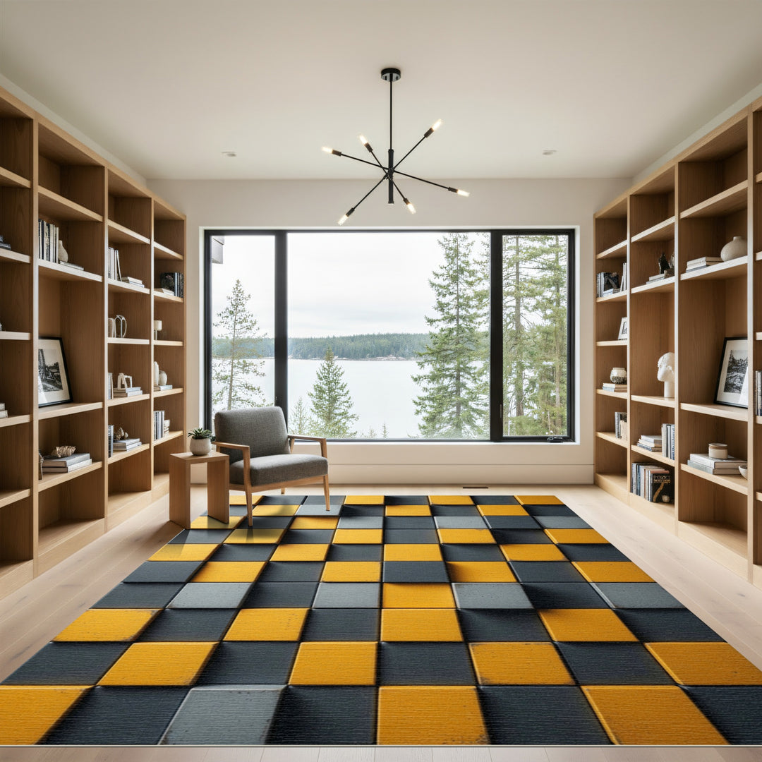 Grey Yellow Dimensional Grid Rug