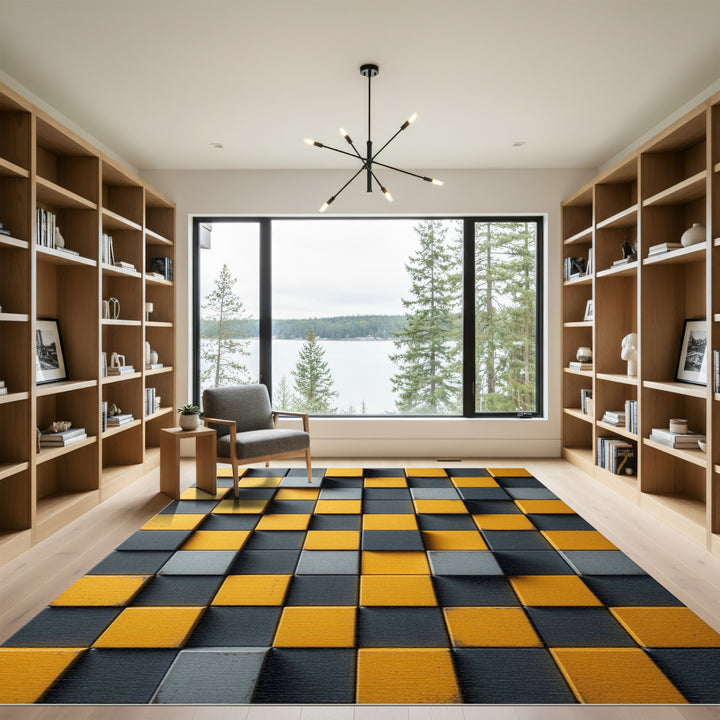 Grey Yellow Dimensional Grid Rug