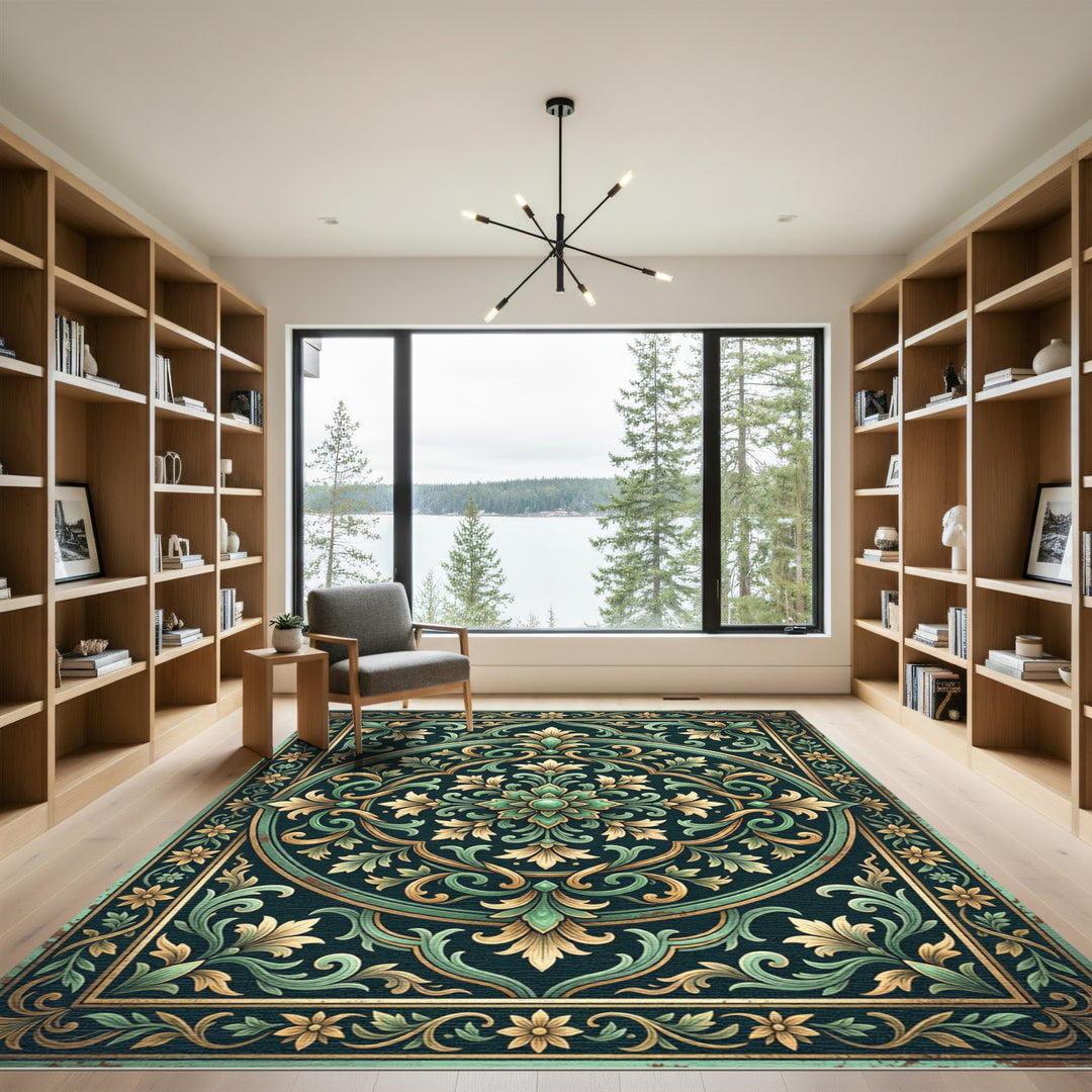 Ornate Teal Geometric Floral Medallion Rug