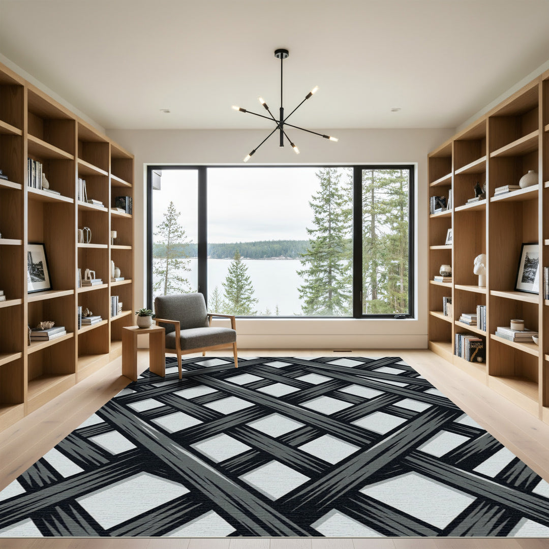 Gray Interwoven Geometric Lattice Rug