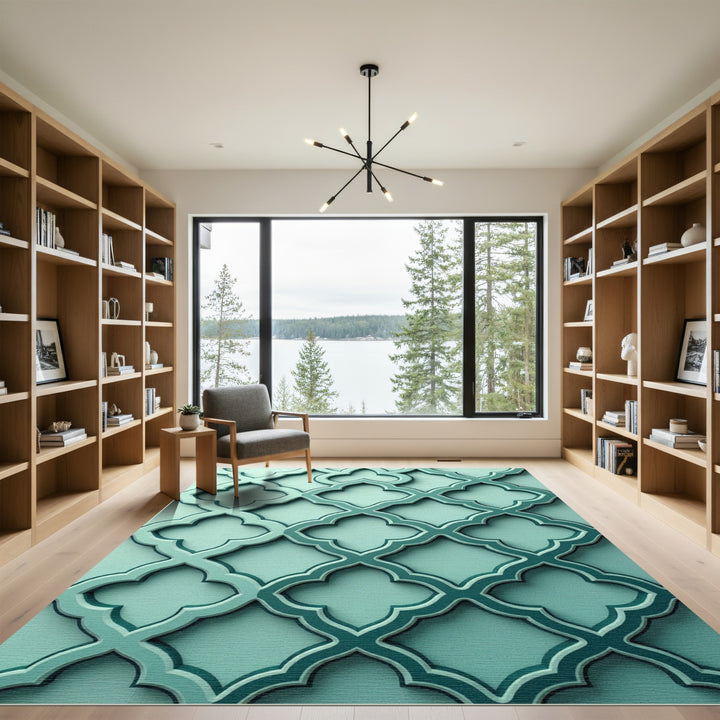 Teal Quatrefoil Lattice Relief Rug