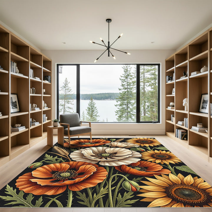 Vibrant Orange White Poppy Sunflowers Rug