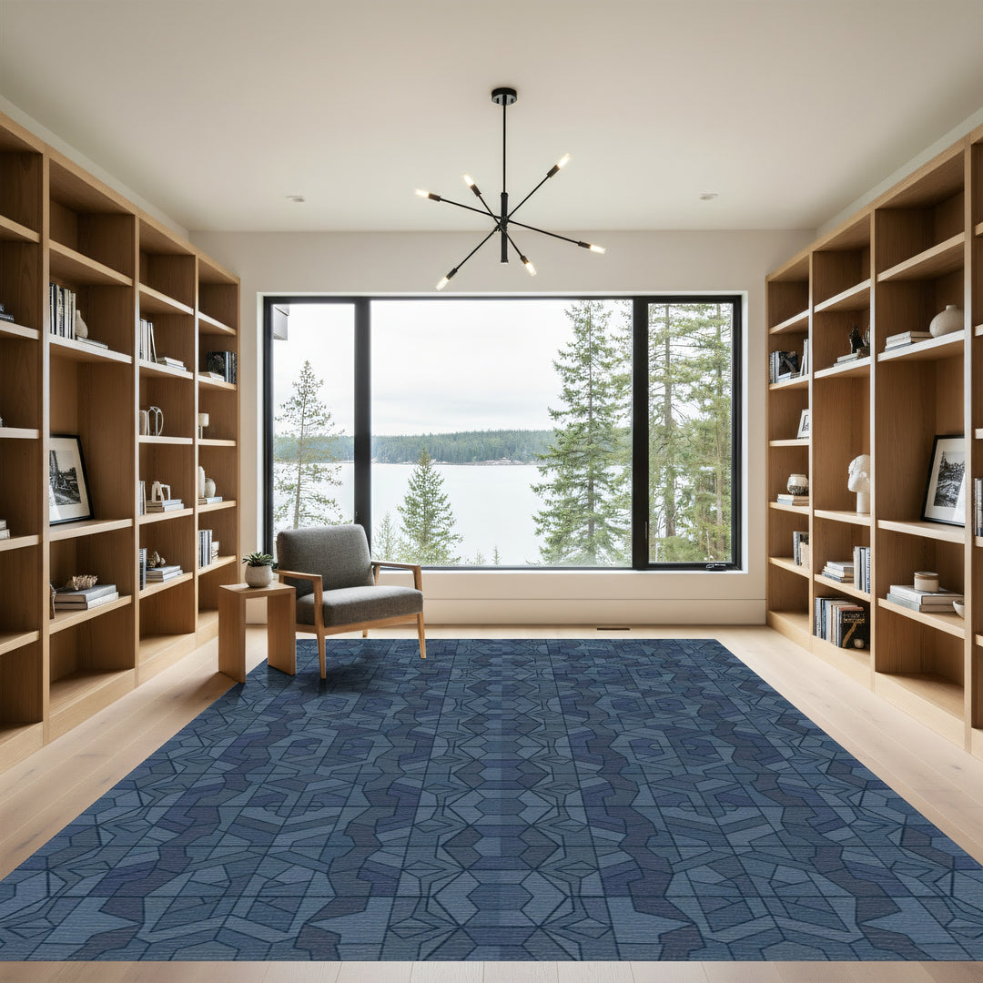 Deep Blue Geometric Illusion Tile Rug