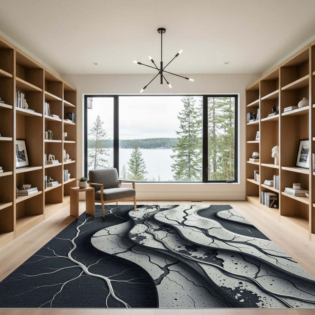 Monochrome Cracked Organic Wave Rug