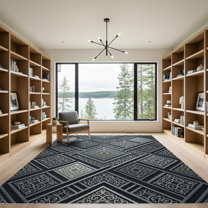 Ornate Silver Geometric Arabesque Rug