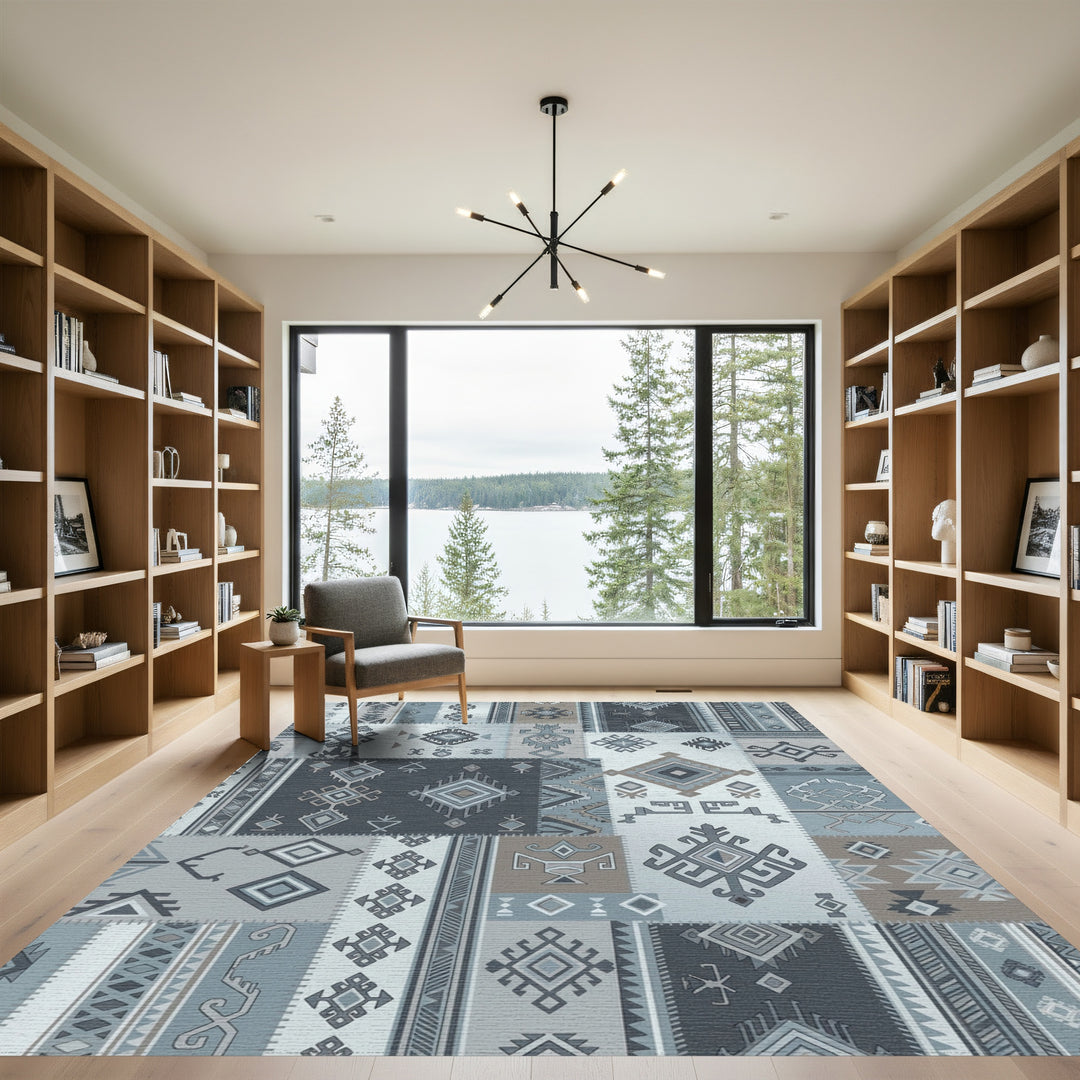 Patchwork Dusty Blue Geometric Tribal Rug