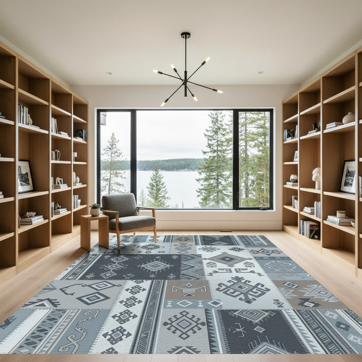 Patchwork Dusty Blue Geometric Tribal Rug