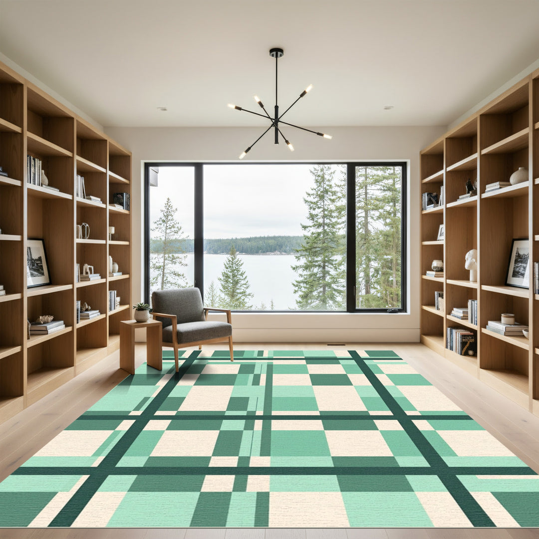 Modern Teal Plaid Geometric Rug