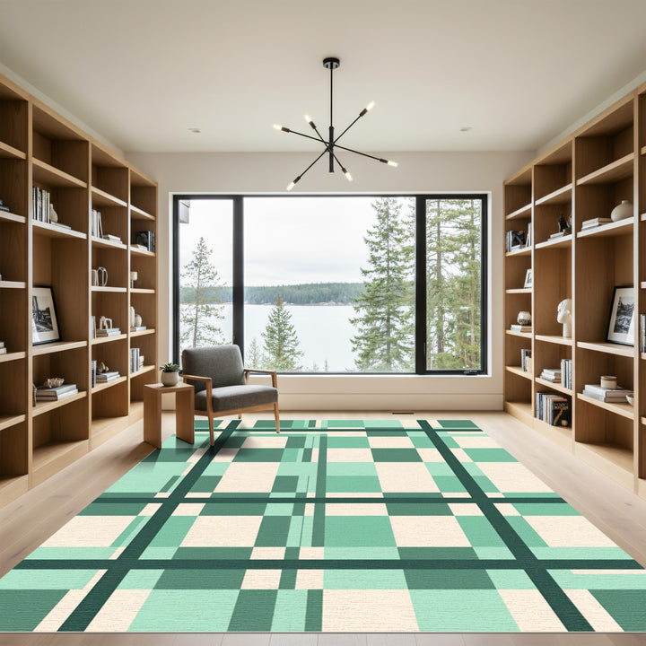 Modern Teal Plaid Geometric Rug