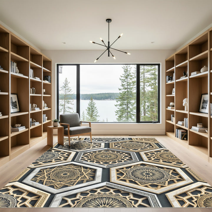 Geometric Golden Marble Hexagon Rug