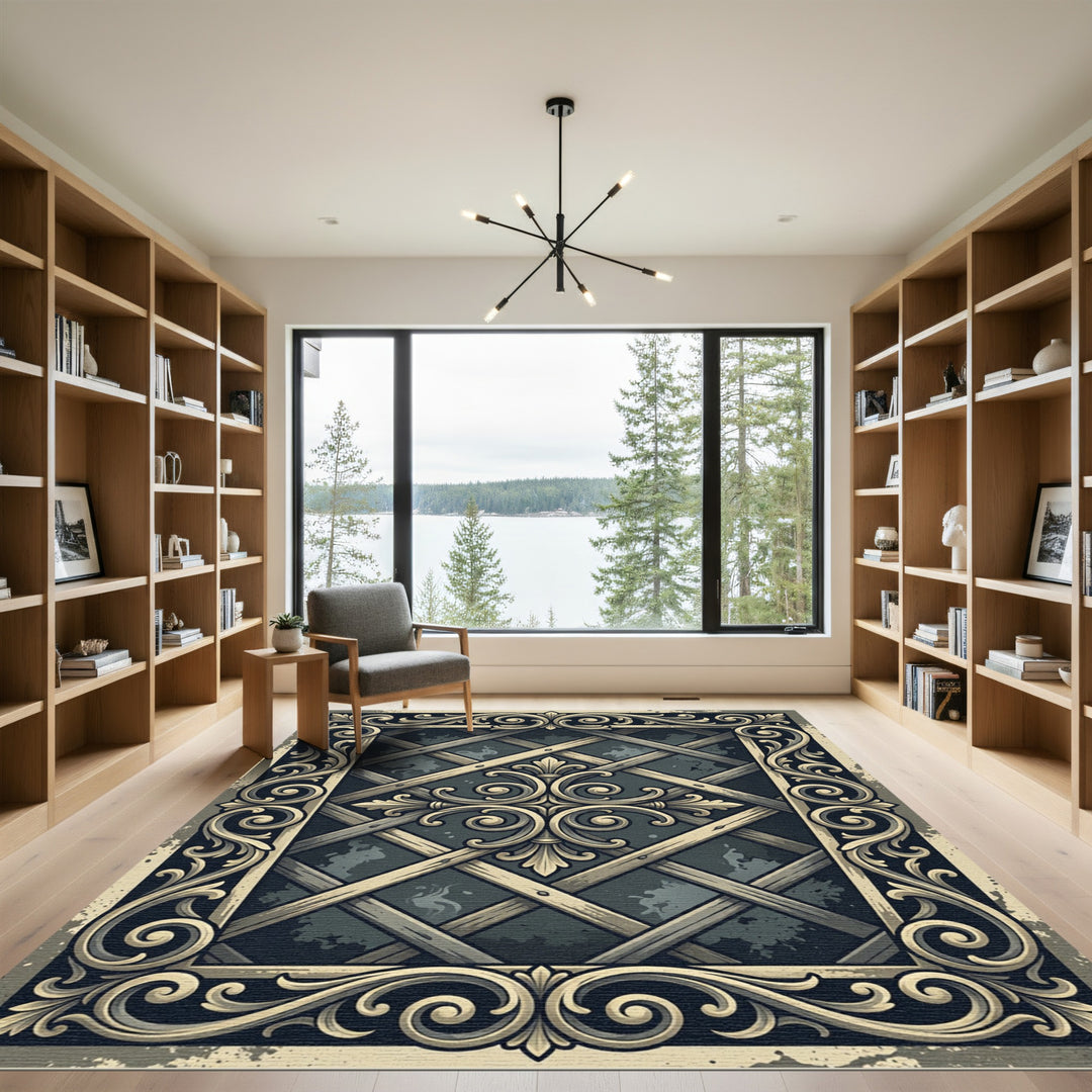 Ornate Scrollwork Lattice Emblem Detail Rug