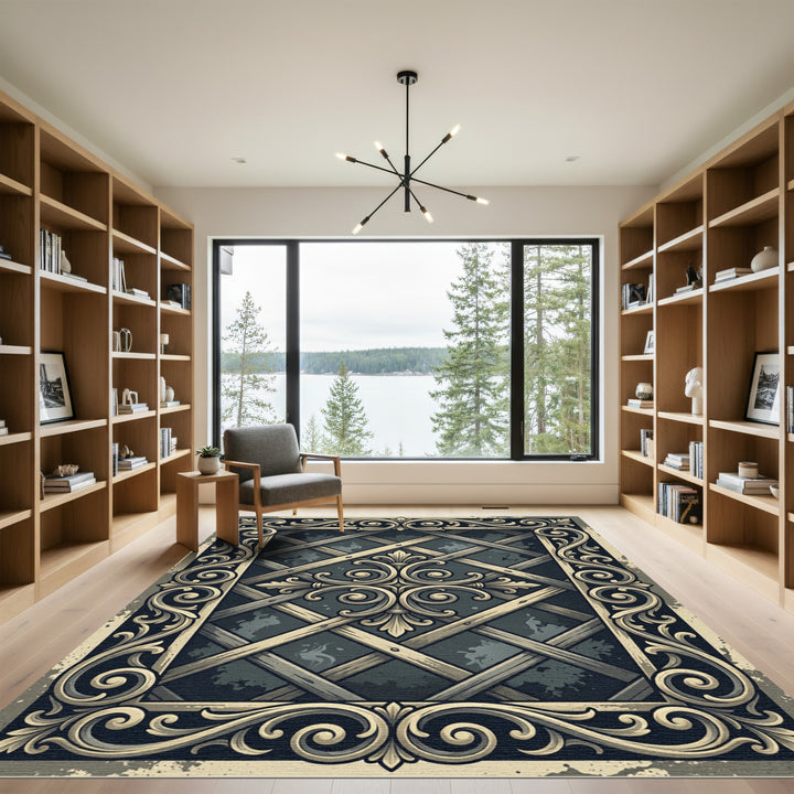 Ornate Scrollwork Lattice Emblem Detail Rug