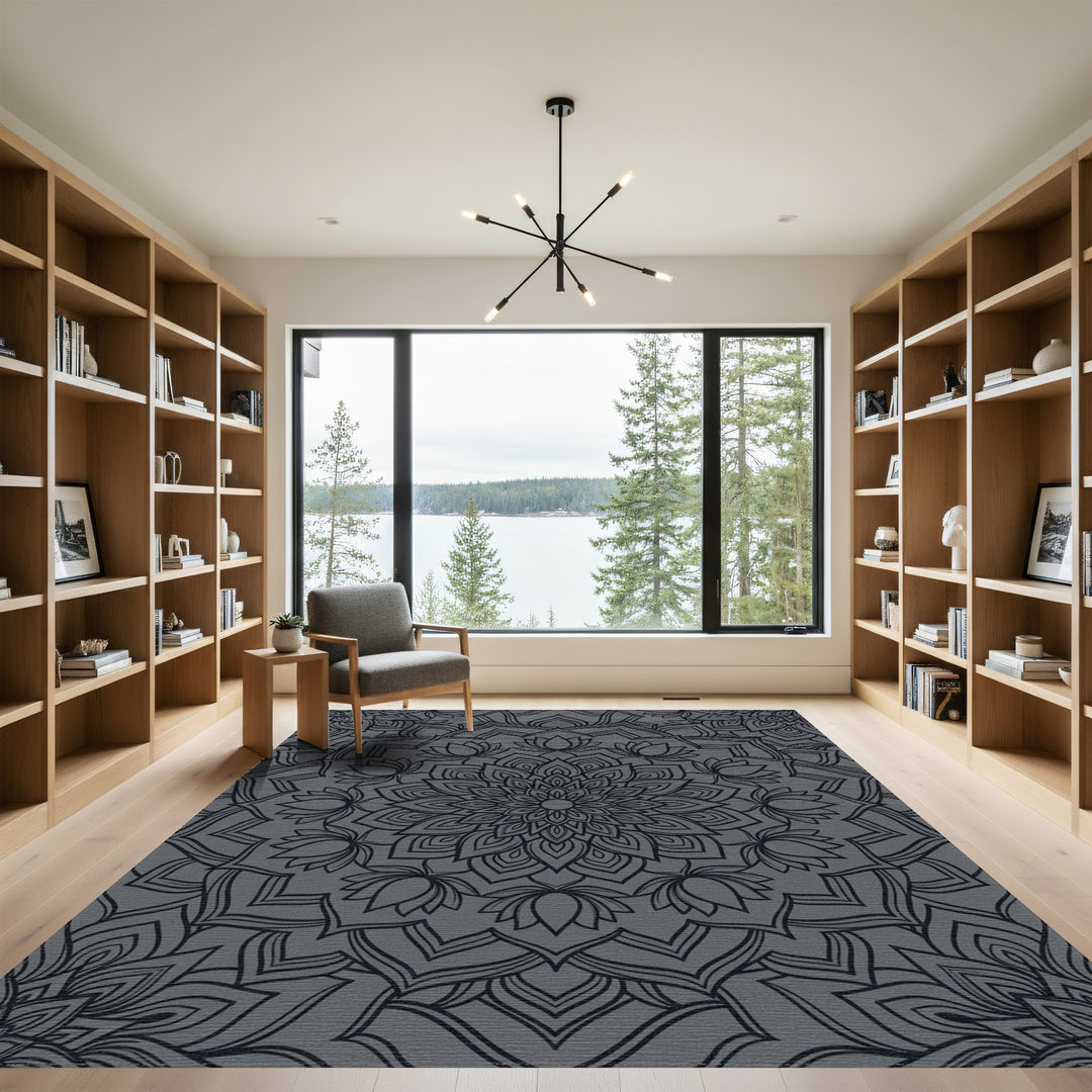 Charcoal Gray Lotus Mandala Rug