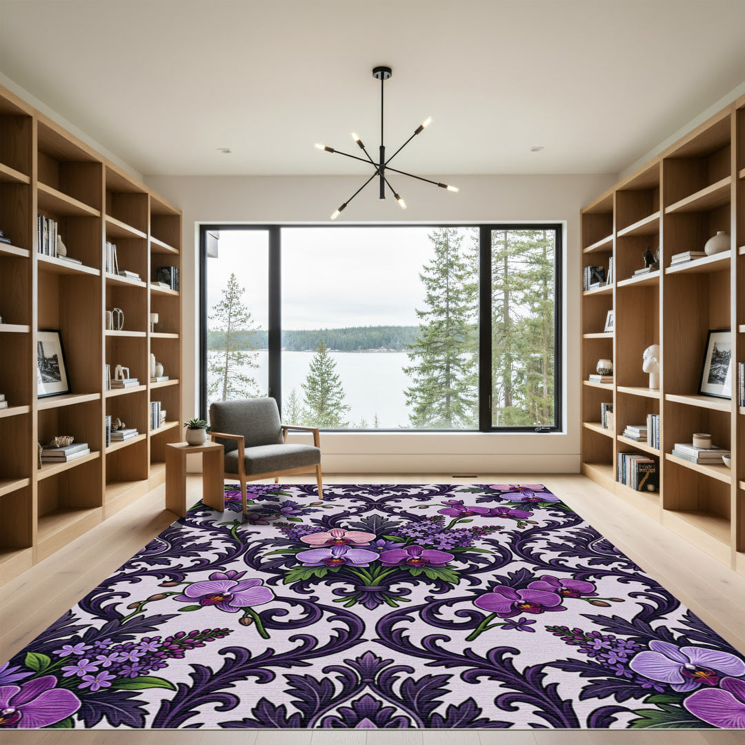 Victorian Plum Orchid Floral Damask Rug