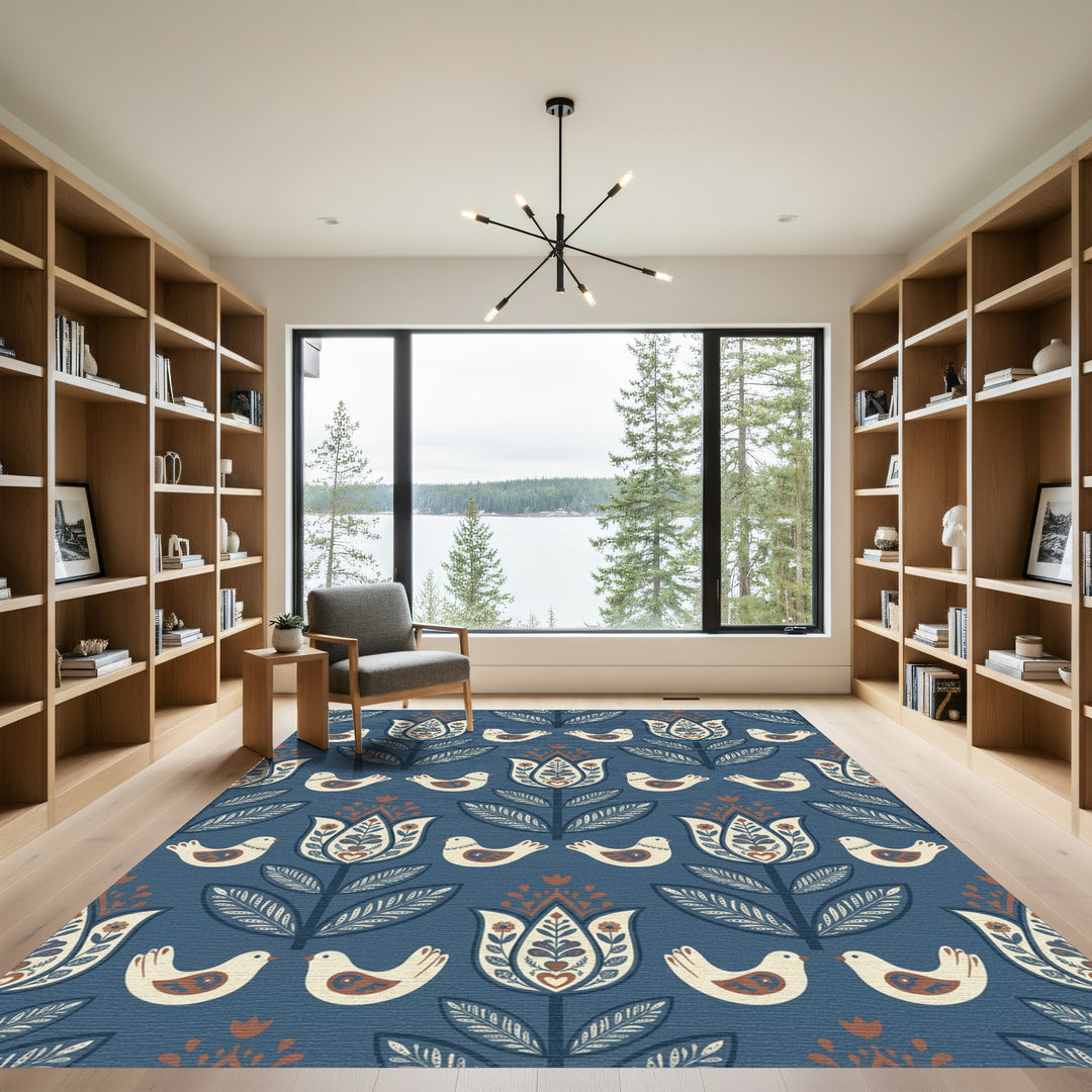 Dark Blue Folk Art Floral Bird Rug