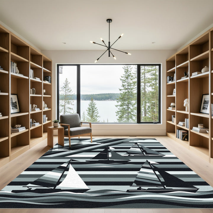 Monochromatic Sailboat Geometric Cloud Scene Rug