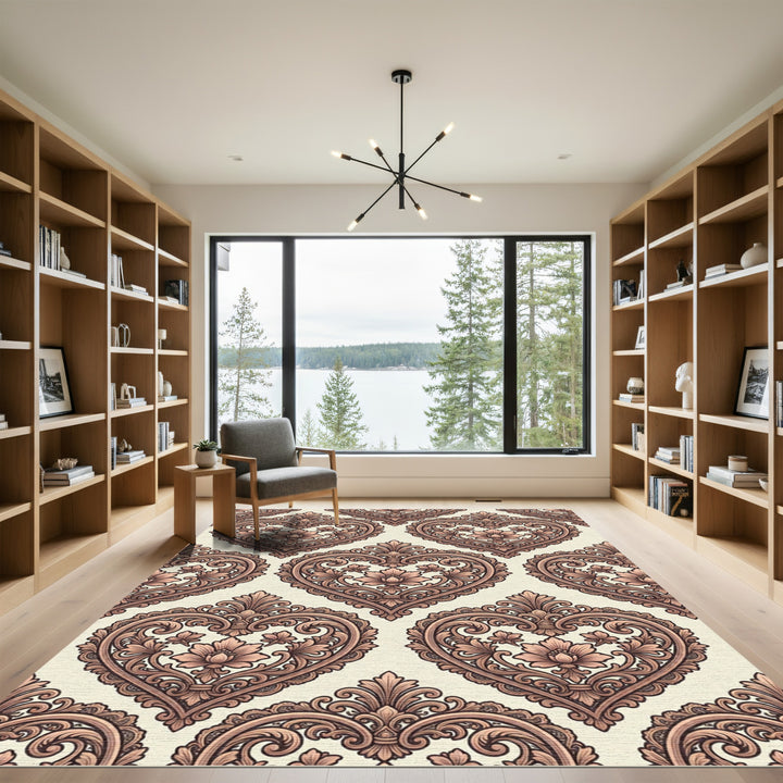 Elegant Rose Gold Heart Damask Rug