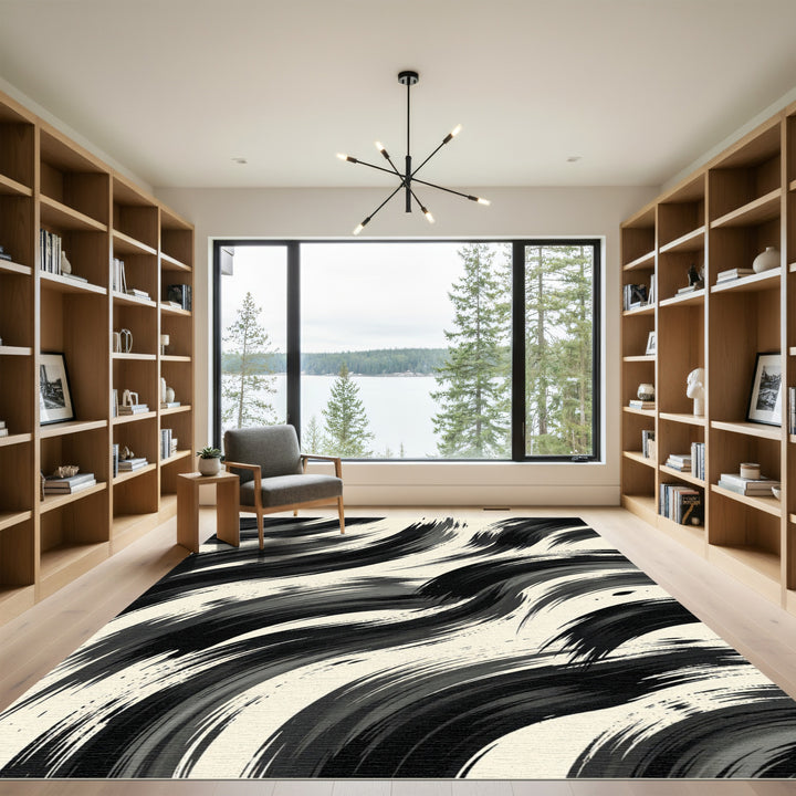 Bold Black White Brushstroke Waves Rug