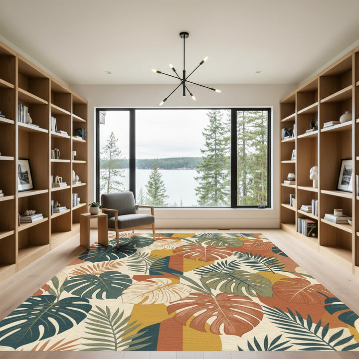Earthy Terracotta Tropical Monstera Leaves Rug