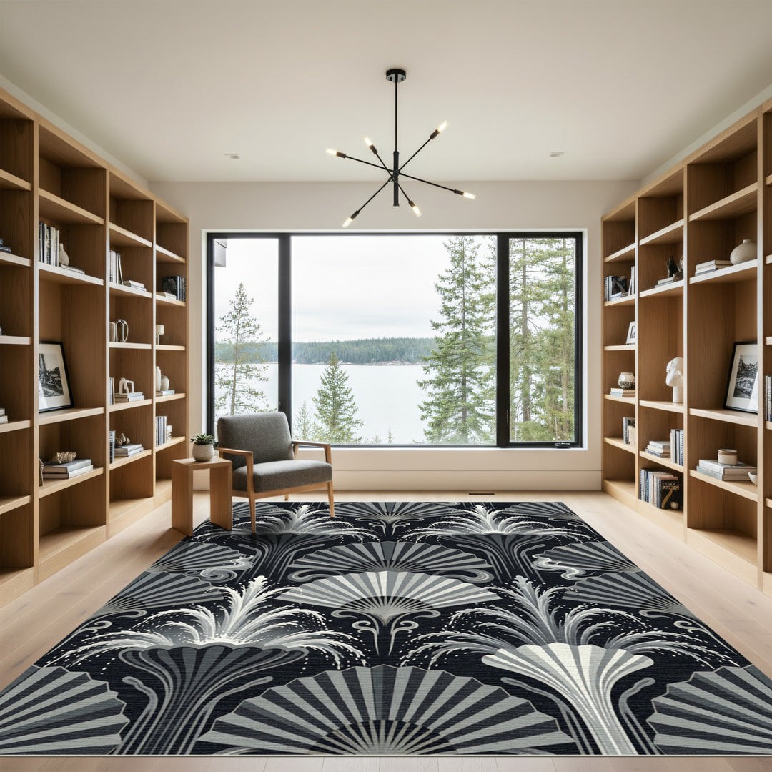 Art Deco Fountain Fan Black White Rug