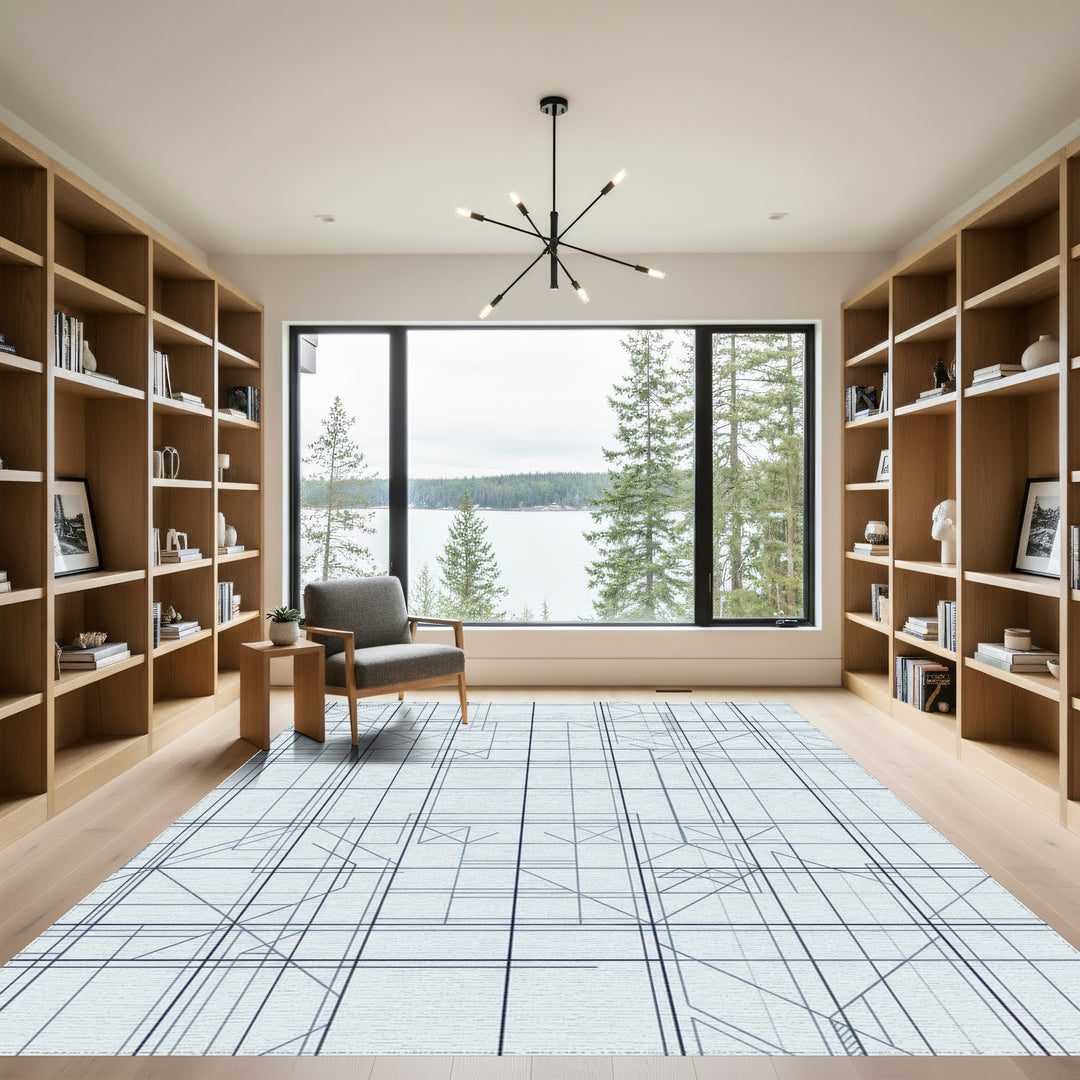 Abstract Blue Geometric Grid Lines Rug