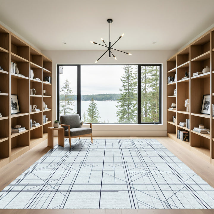 Abstract Blue Geometric Grid Lines Rug