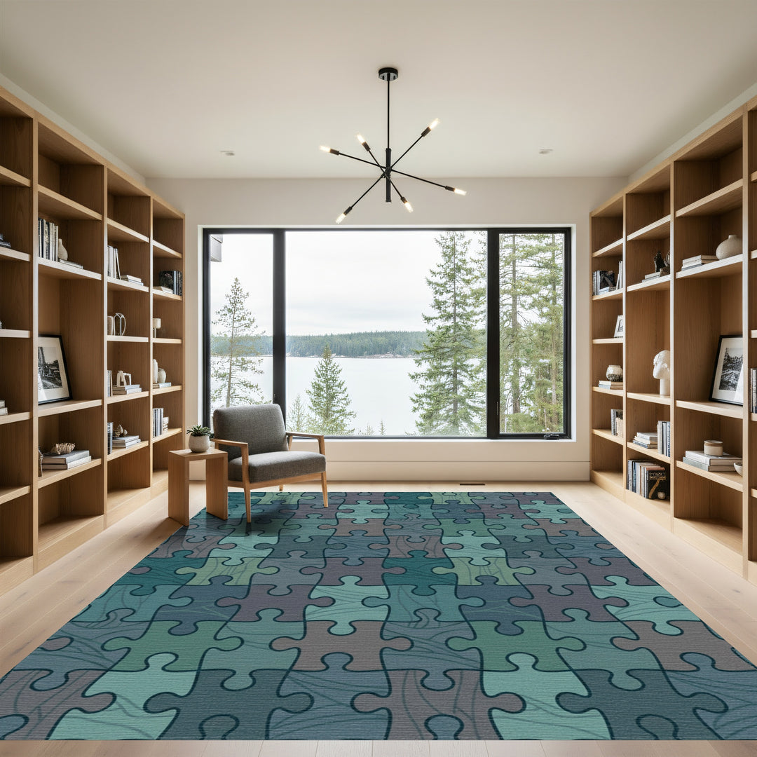 Teal Blue Puzzle Piece Mosaic Rug