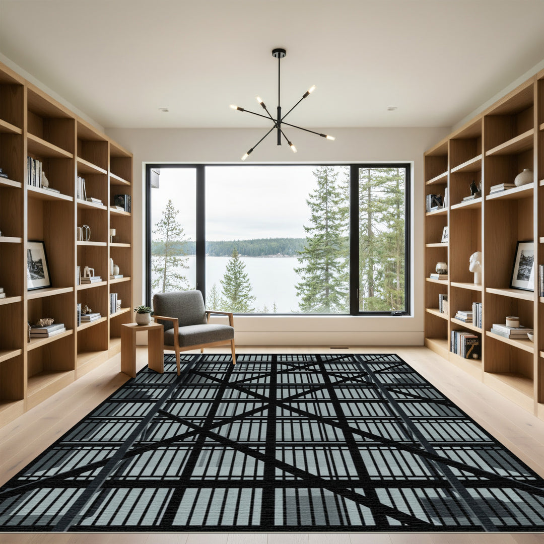 Modern Black Intersecting Lines Rug