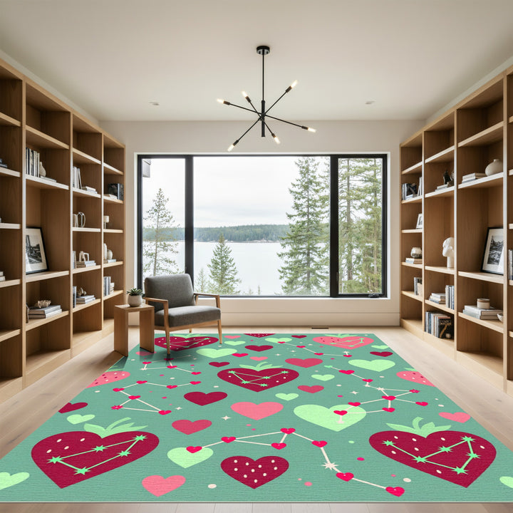Whimsical Strawberry Constellation Hearts Rug