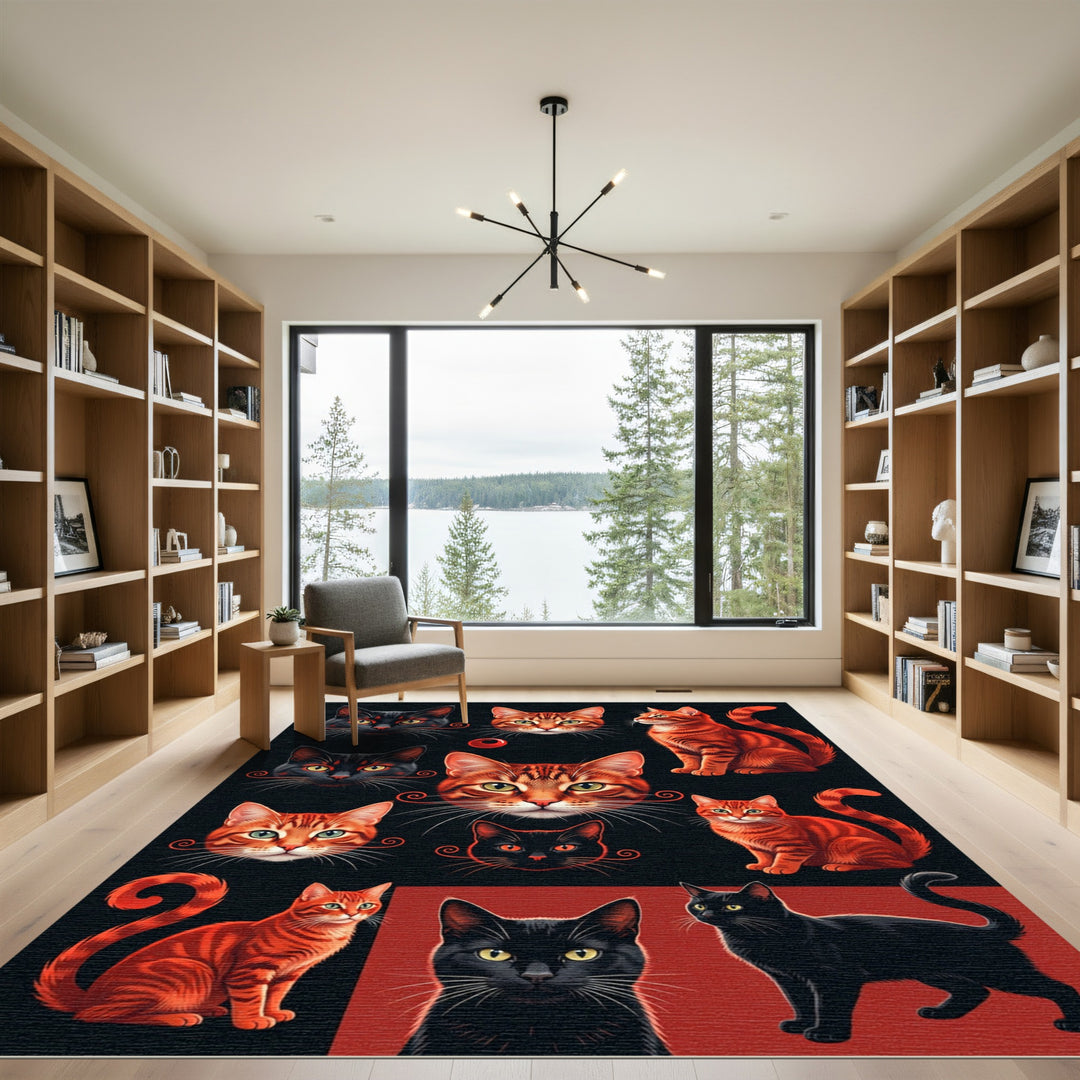 Vibrant Black Orange Feline Collage Rug