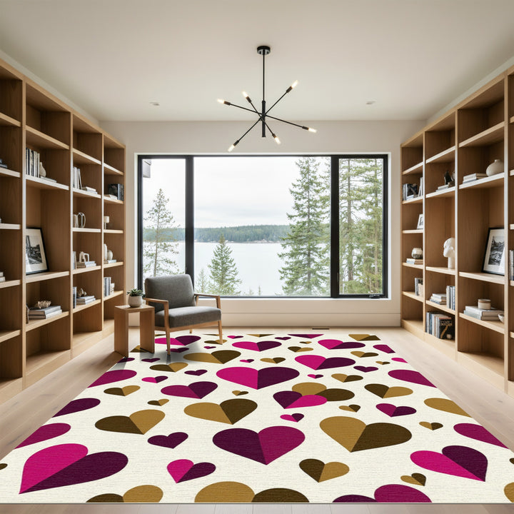 Deep Magenta Brown Geometric Hearts Rug
