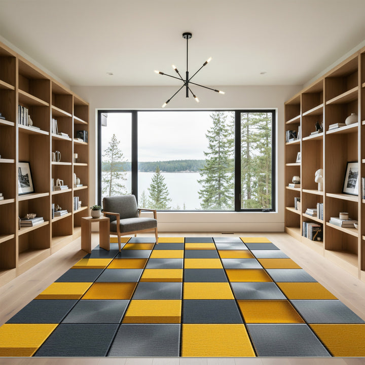 Modern Yellow Gray Metallic Squares Rug