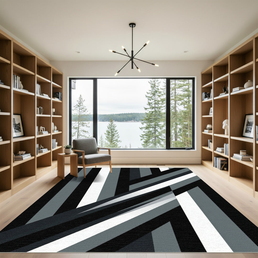 Monochrome Geometric Stripe Overlap Rug