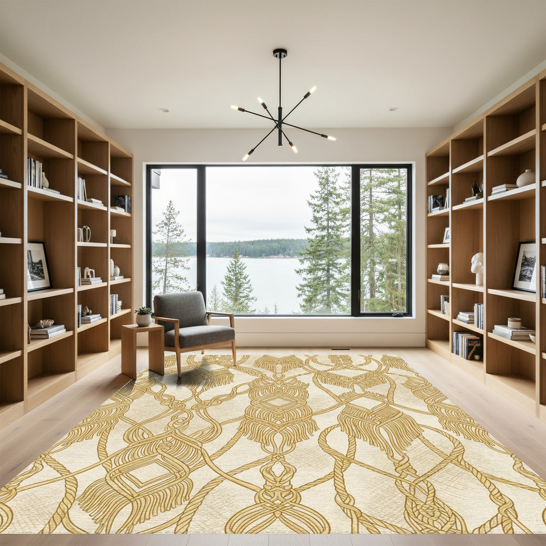 Golden Macrame Knot Scroll Rug