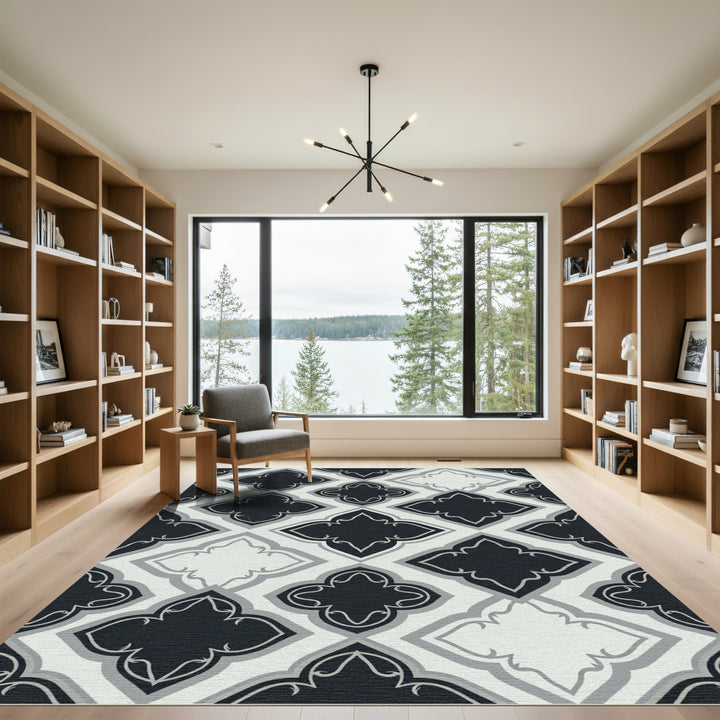 Victorian Quatrefoil Black Gray Rug