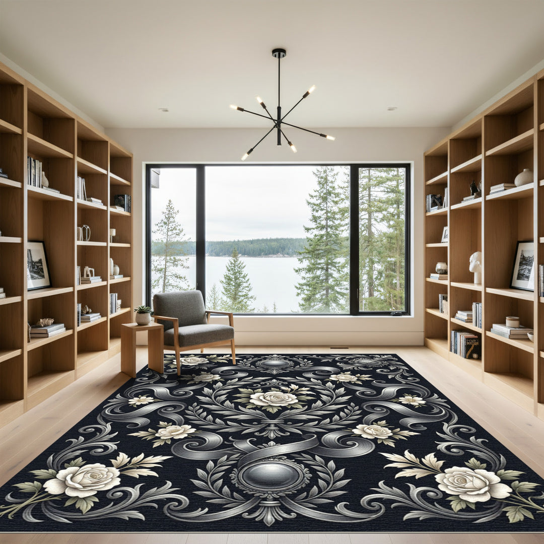 Ornate Silver Floral Laurel Swirls Rug