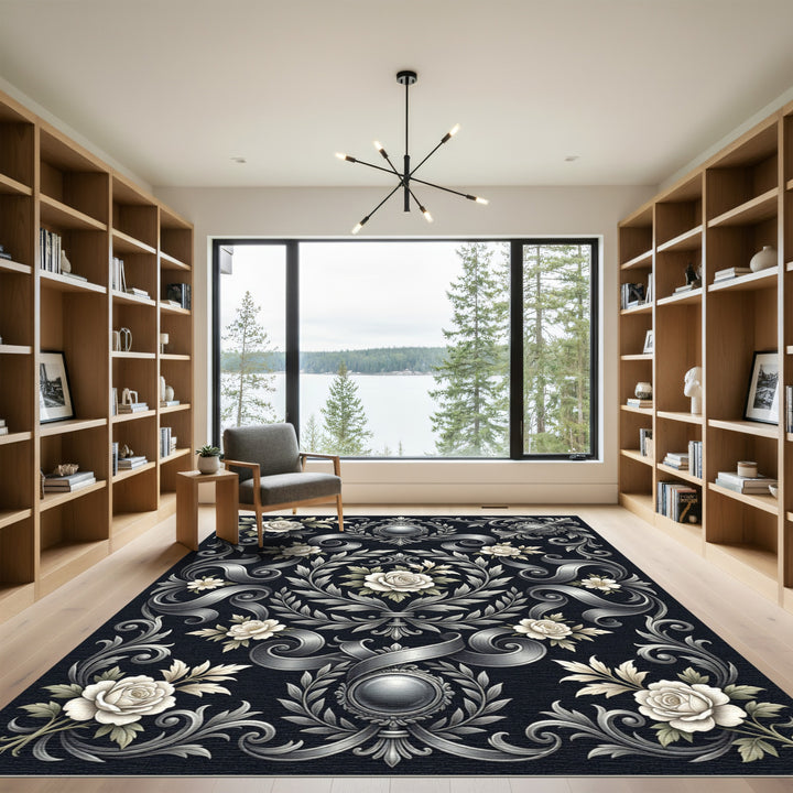 Ornate Silver Floral Laurel Swirls Rug