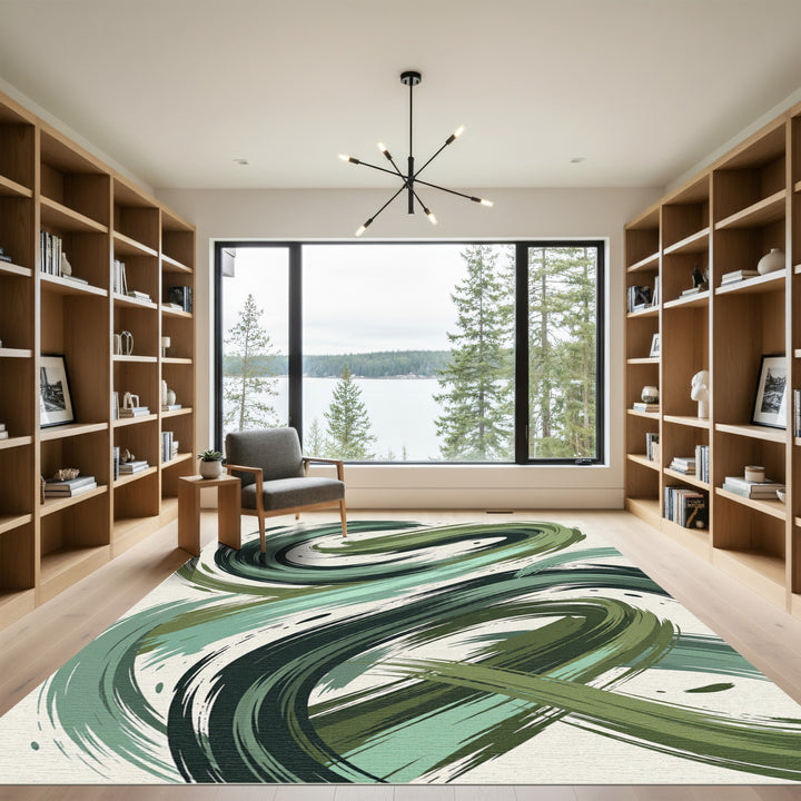Abstract Green Brush Stroke Swirls Rug