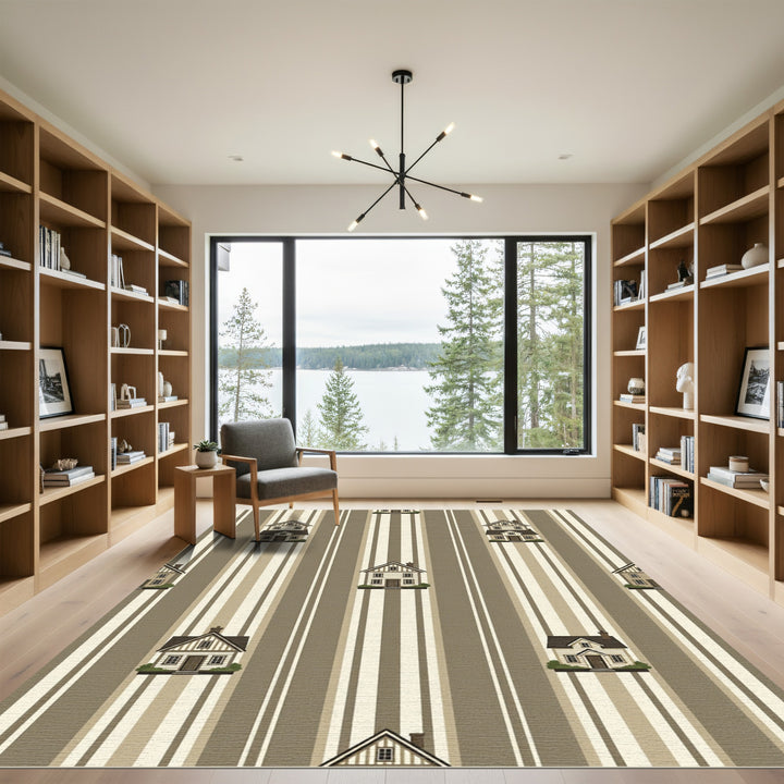 Stripe Houses Beige Brown Wallpaper Rug