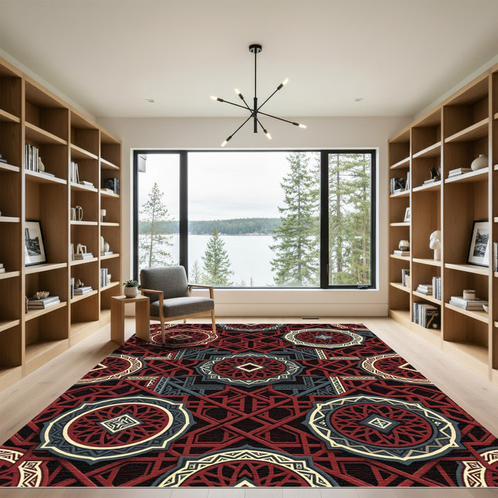Intricate Red Geometric Medallion Rug