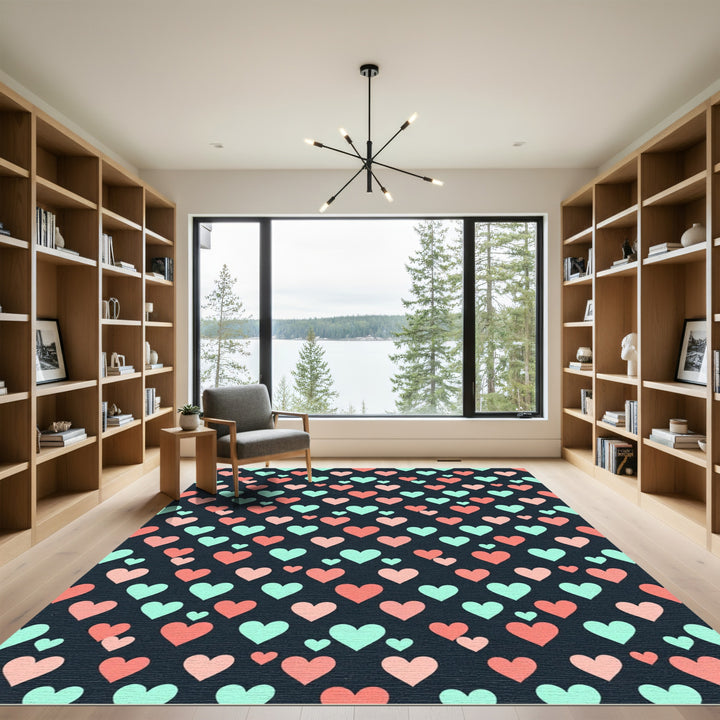 Coral Mint Hearts Dark Background Rug
