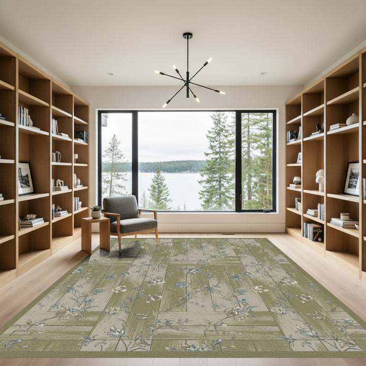 Vintage Green Floral Wood Panel Rug