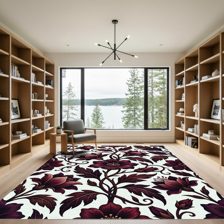 Deep Burgundy Floral Swirl Arrangement Rug