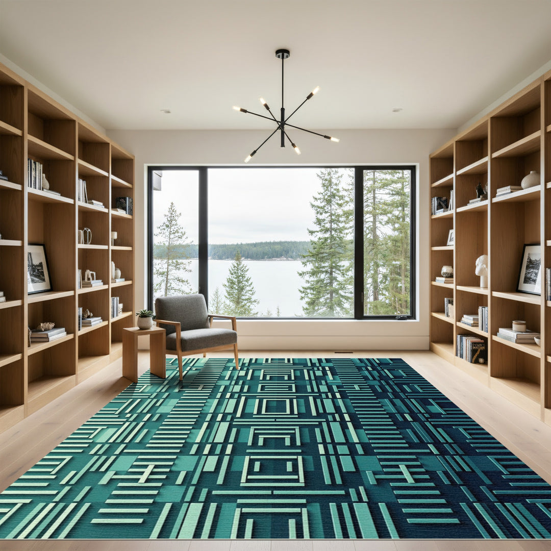 Teal Geometric Architectural Abstract Rug