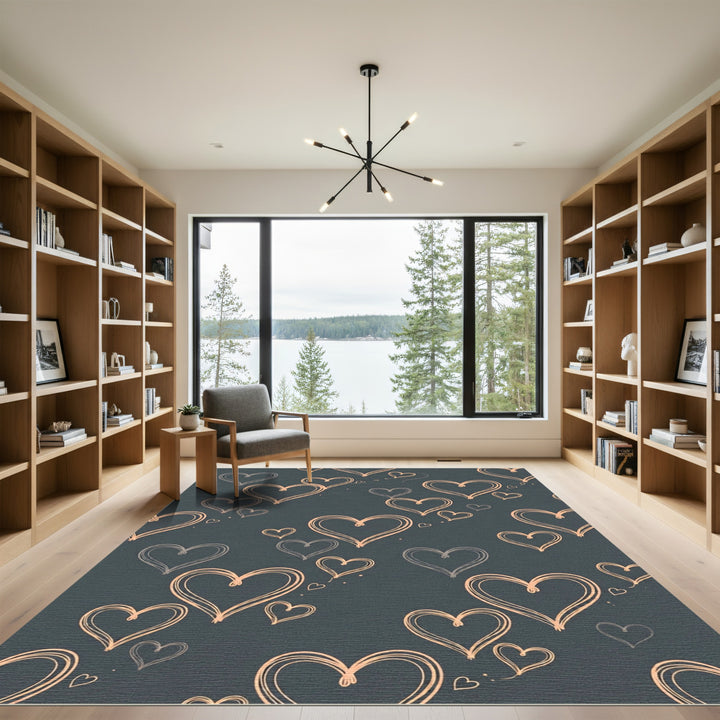 Contemporary Peach Hearts Dark Teal Rug