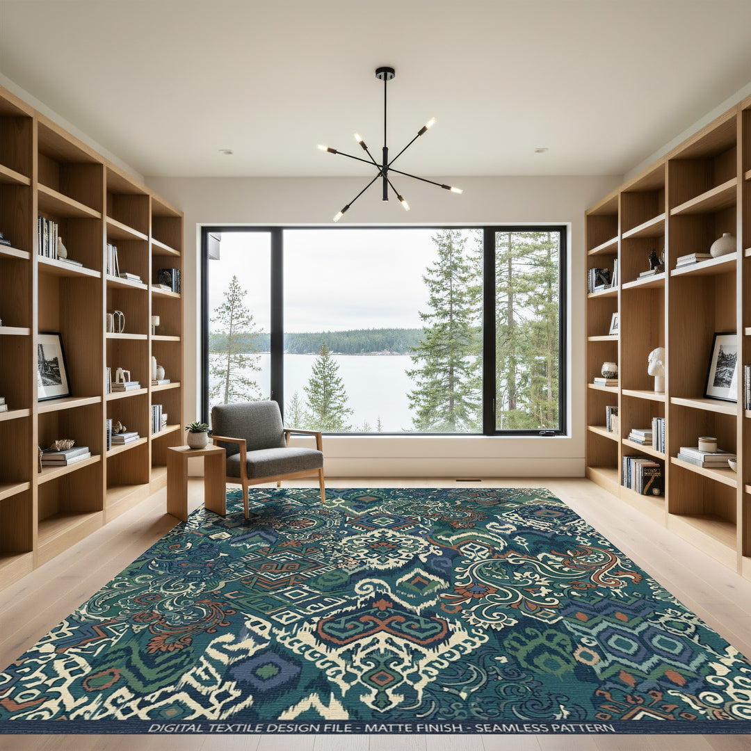 Teal Blue Earthy Patchwork Medallion Rug