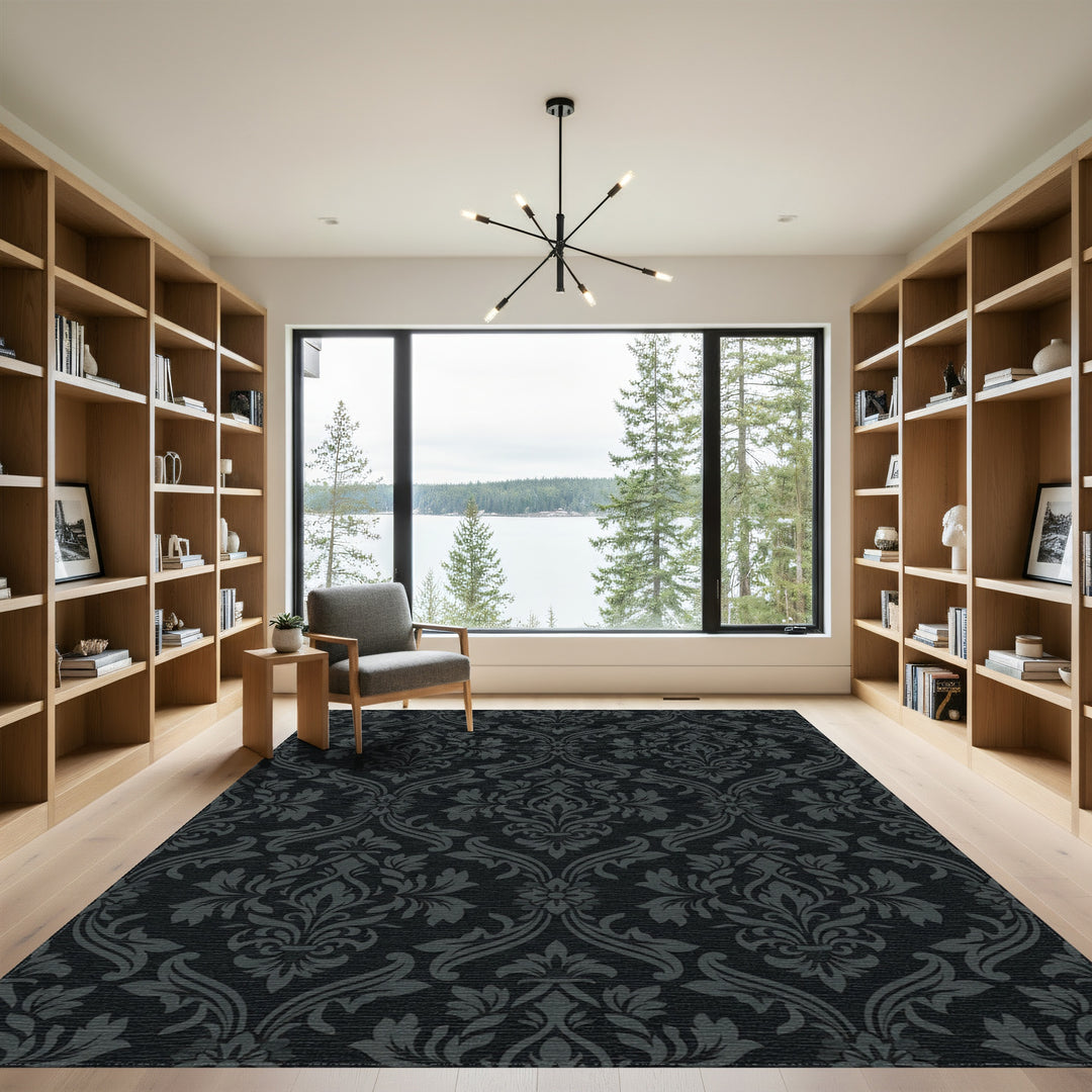 Dark Charcoal Damask Floral Arrangement Rug