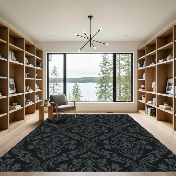 Dark Charcoal Damask Floral Arrangement Rug